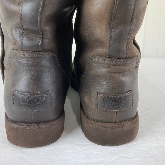 UGG Women Sz 8 Leather Shearling Lined Brown Mid Calf Boots Fall Winter Pull On - Picture 5 of 8